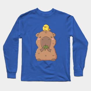 Cute Capybara with Yellow Bird Doodle Long Sleeve T-Shirt